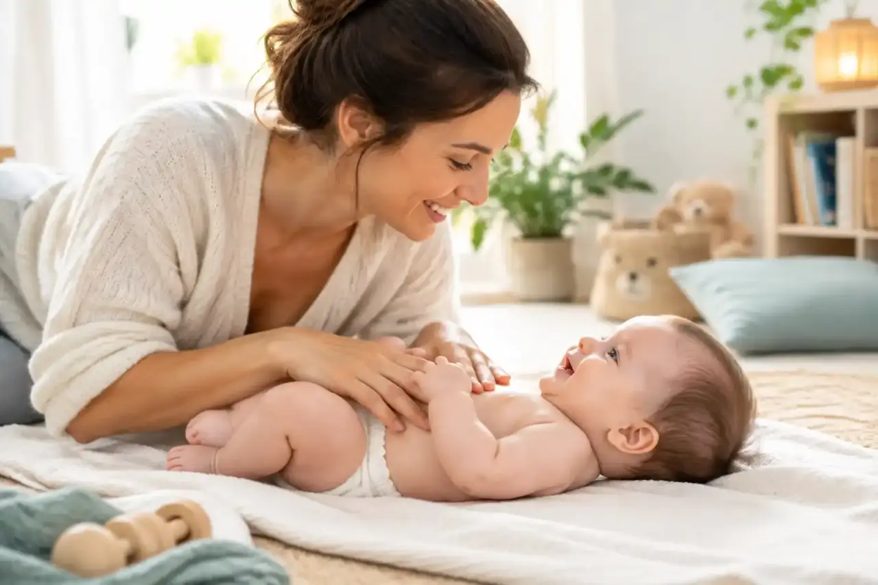Parent partageant un moment tendre de massage avec son bébé dans une atmosphère chaleureuse