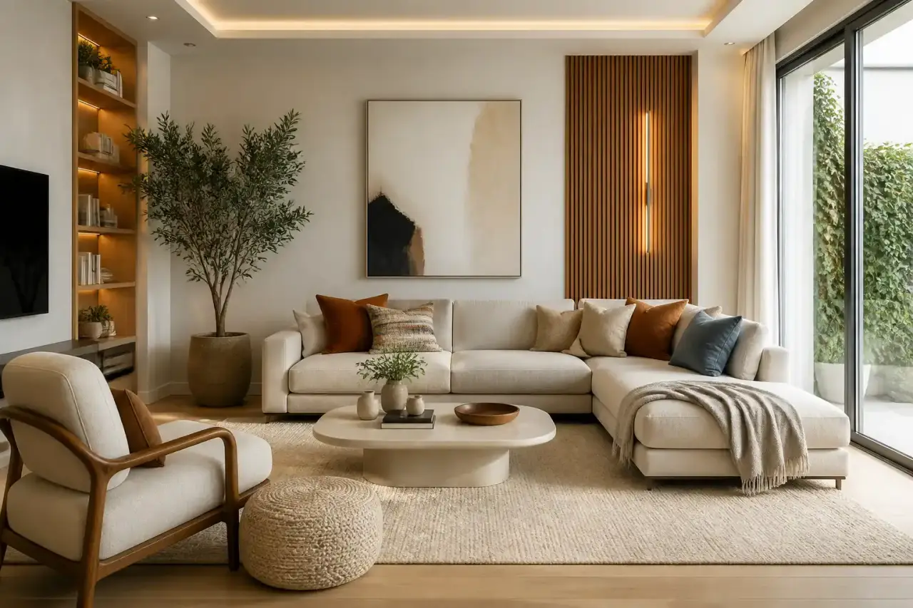 Intérieur de maison chaleureux et lumineux, espace de vie familial