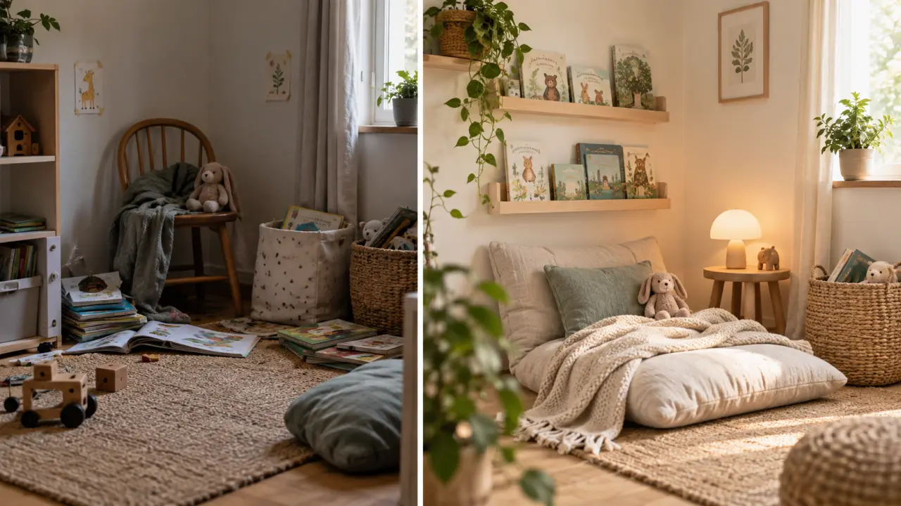 Coin lecture familial chaleureux avec coussins, livres et lumière douce