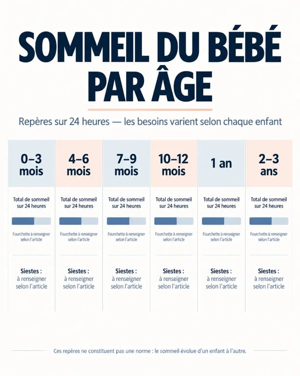 Tableau sommeil bébé par âge : évolution du sommeil total et du nombre de siestes de la naissance à 3 ans