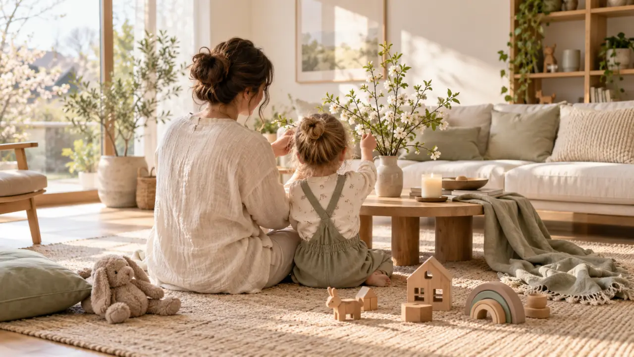 Famille réunie dans un salon chaleureux autour d'un rituel partagé