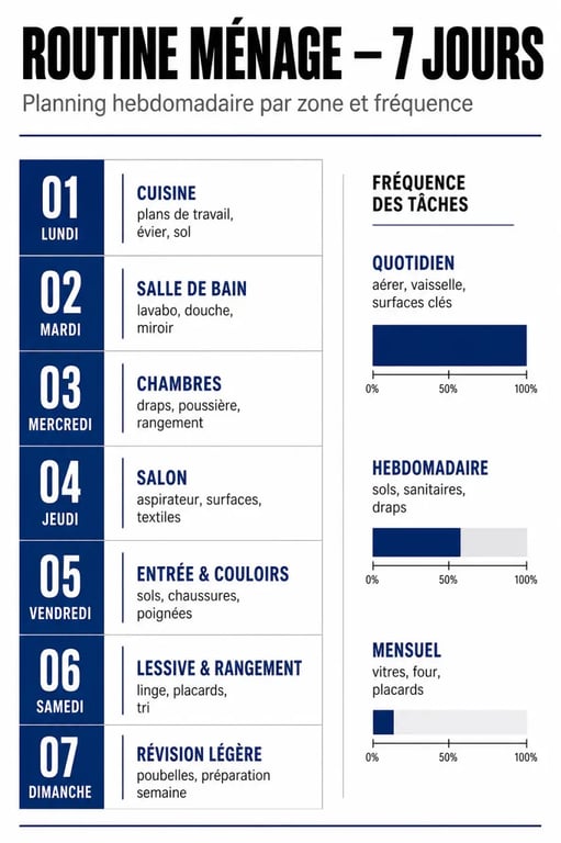 Routine ménage sur 7 jours avec tâches par pièce et par fréquence