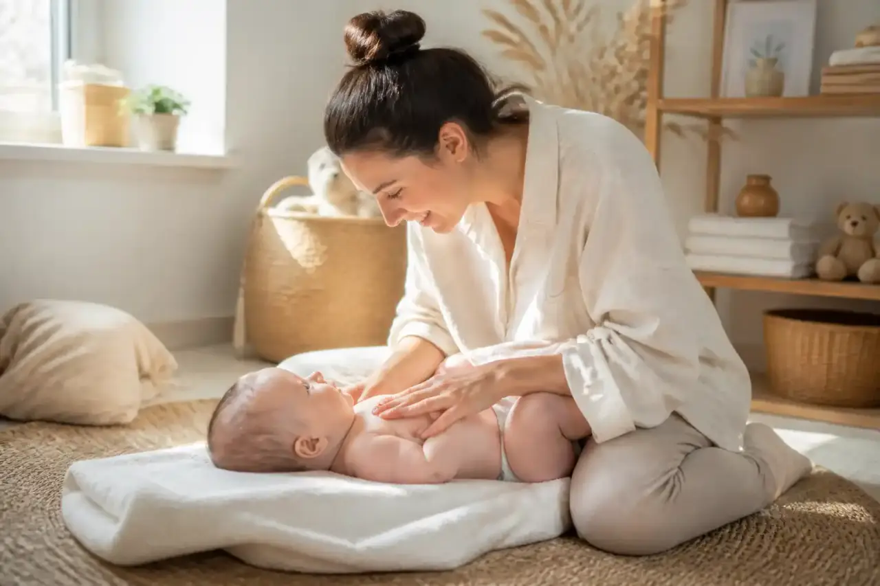 Famille heureuse dans un salon douillet, moment de massage bébé à la maison