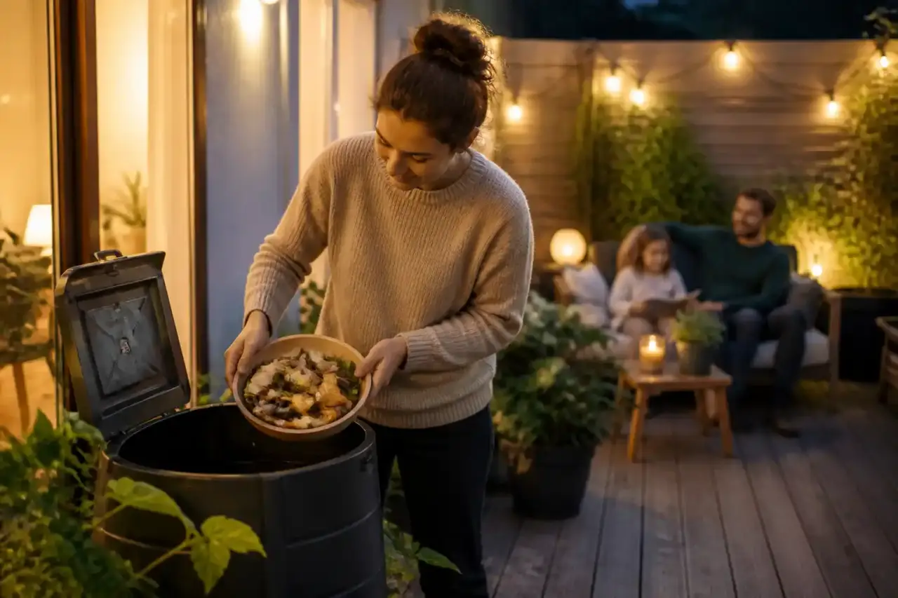 Parent et enfant déposant des épluchures dans un composteur en bois sur une terrasse au coucher du soleil