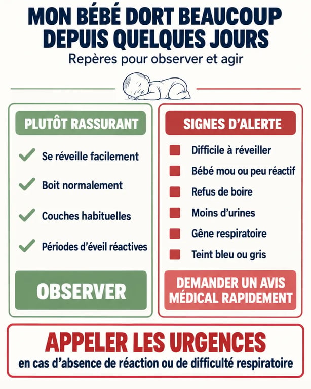 Infographie sur un bébé qui dort beaucoup depuis quelques jours : signes rassurants et signes d’alerte