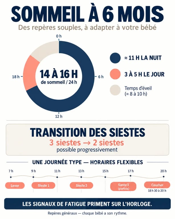 Infographie sur le sommeil bébé 6 mois : durée totale, siestes et journée type