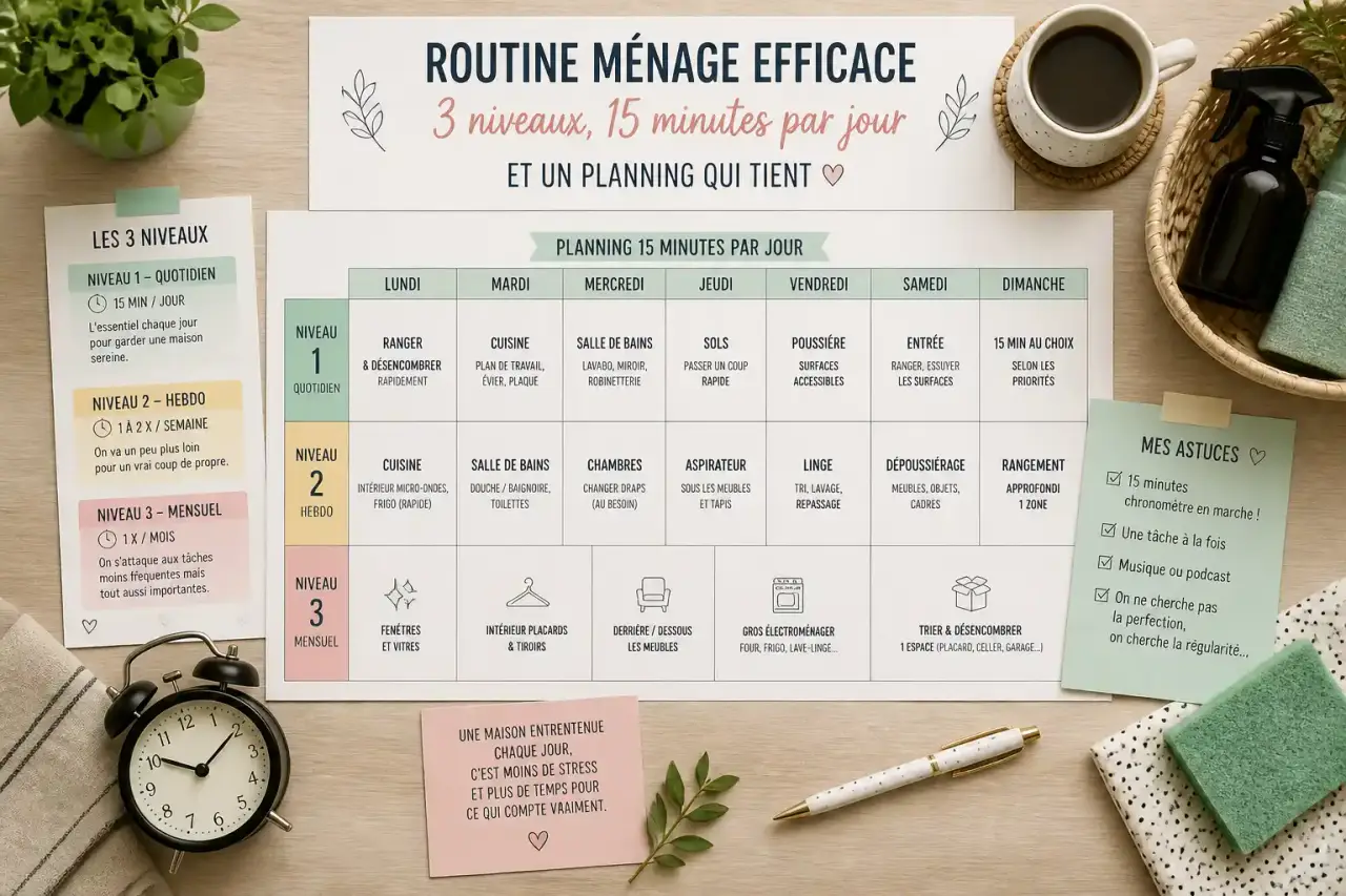 Routine ménage efficace : 3 niveaux, 15 minutes par jour et un planning qui tient