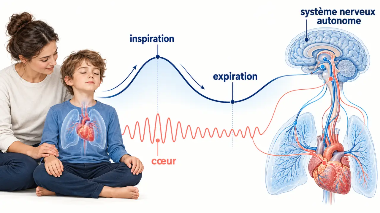 Schéma pédagogique de cohérence cardiaque chez l’enfant et du lien entre respiration et rythme cardiaque
