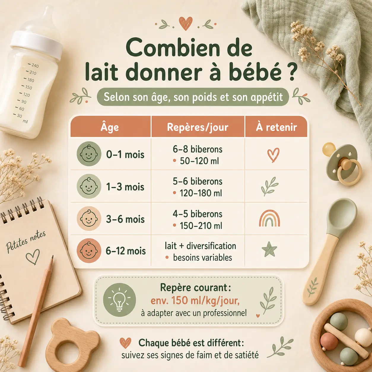 Combien de lait donner à bébé selon son âge, son poids et son appétit ?