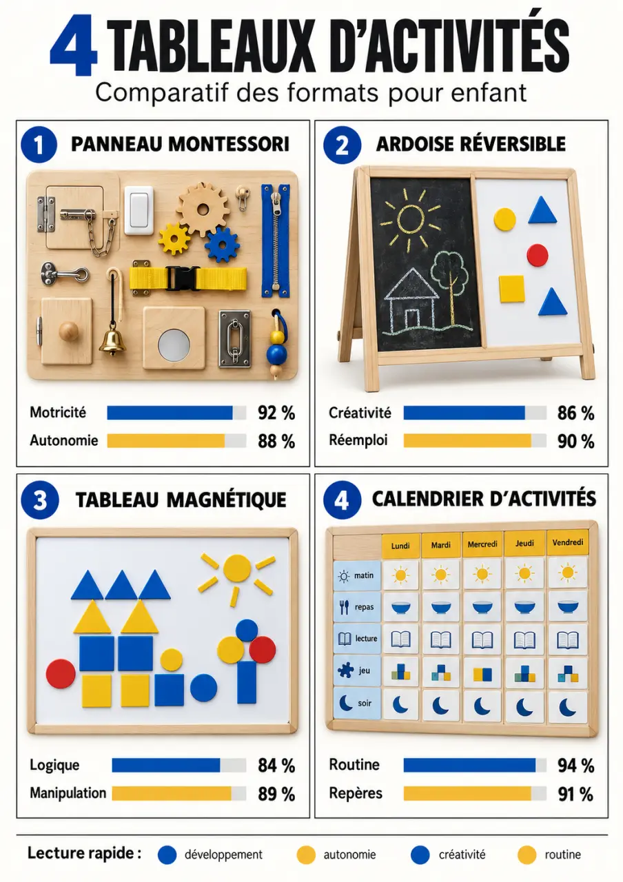 Formats de tableau activités : panneau Montessori, ardoise, tableau magnétique et calendrier