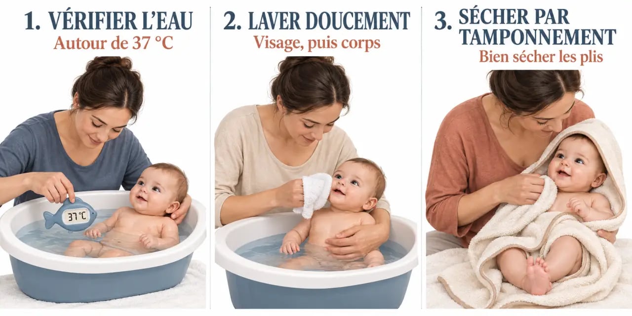 Soin bébé : étapes du bain, lavage doux et séchage des plis