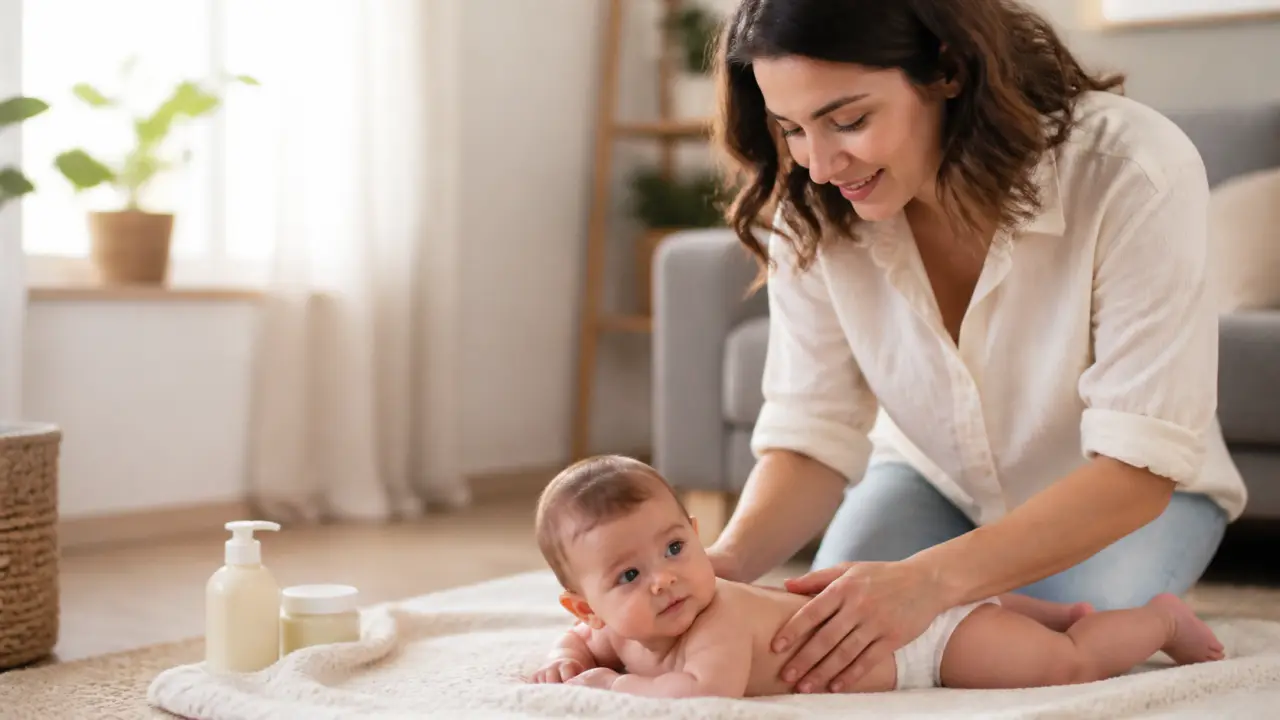 Parent massant doucement les jambes de son bébé sur un tapis moelleux dans une ambiance chaleureuse