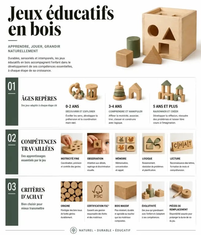 Infographie sur les jeux éducatifs en bois avec âges, compétences et critères de choix