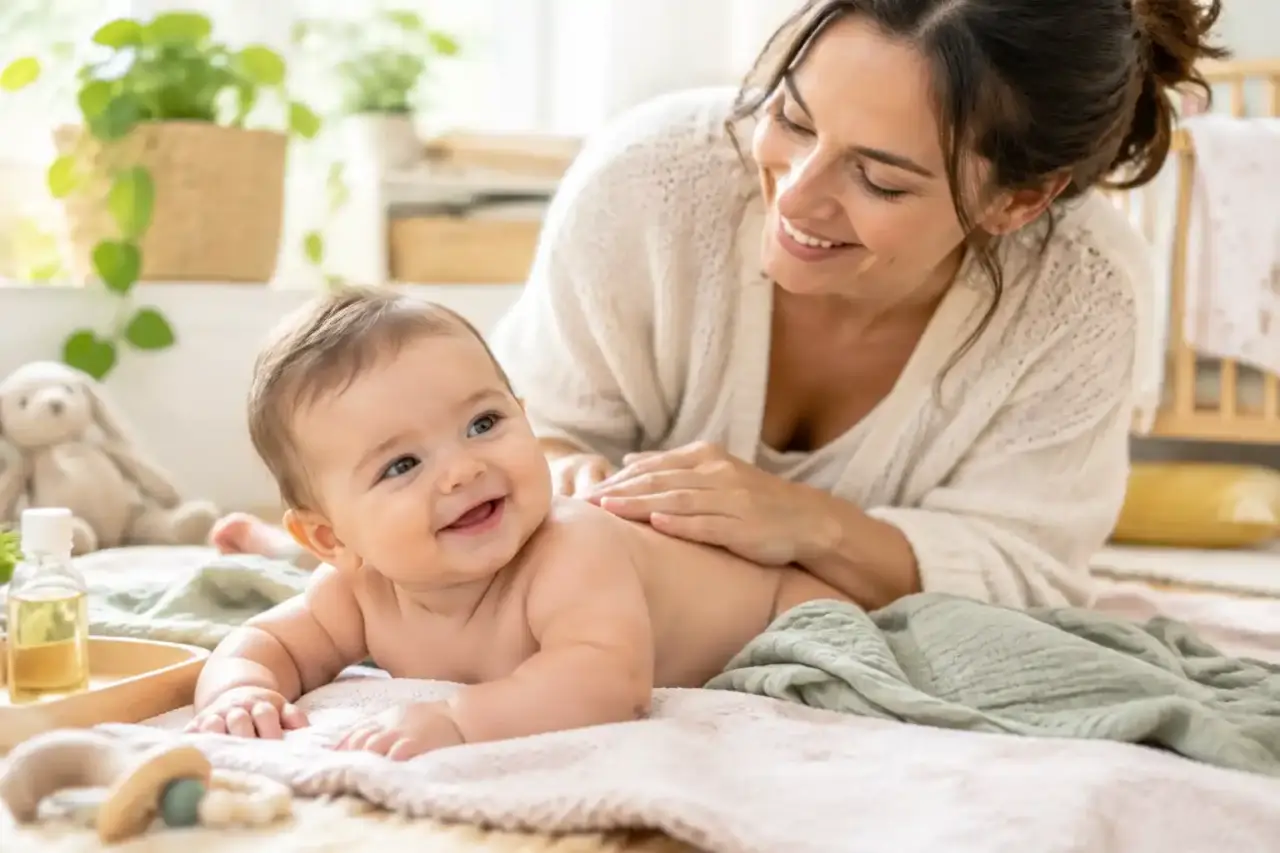 Parent massant doucement les pieds de son bébé dans une ambiance chaleureuse