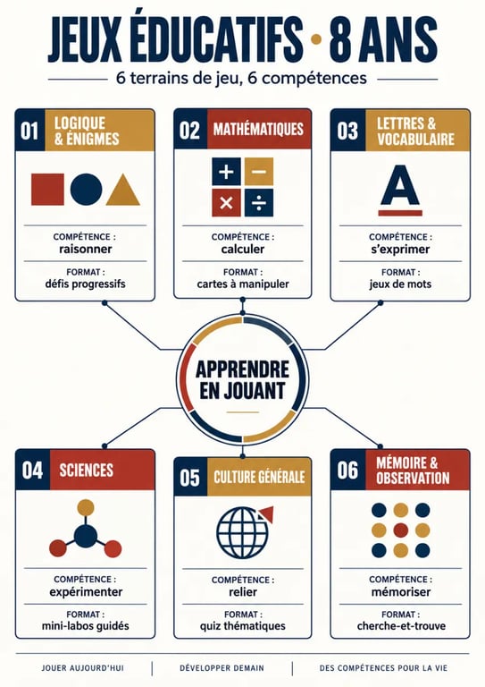 Infographie des jeux éducatifs 8 ans par compétence et format de jeu