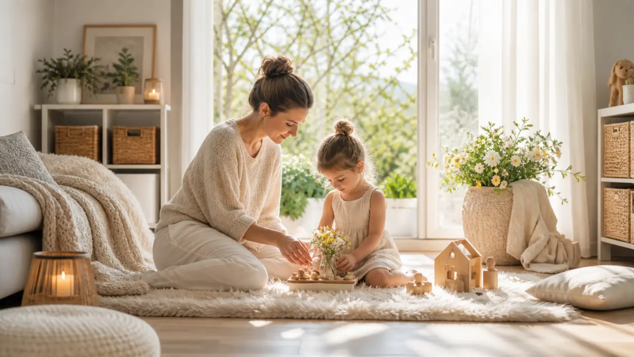 Famille heureuse riant ensemble sur un tapis de salon douillet, entourée de coussins moelleux et de lumière du soleil