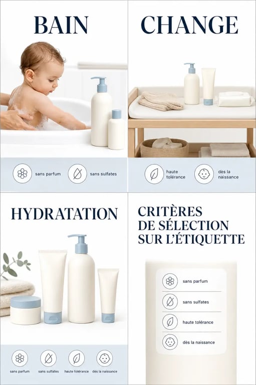Produit soin bébé : visuel éditorial comparant bain, change et hydratation avec les critères à vérifier