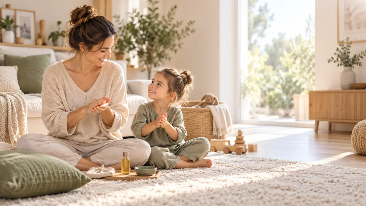 Parent et enfant partagent un moment de détente dans un salon chaleureux