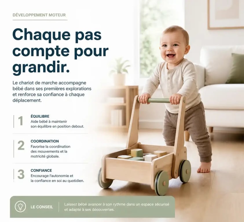 Bébé jouant avec un chariot de marche en bois, idée cadeau 1an bebe
