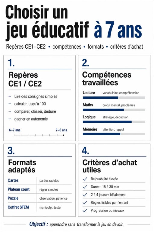 Infographie jeux éducatifs 7 ans : critères de choix par âge, compétences et format