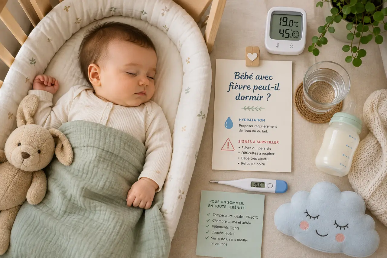 Bébé avec fièvre peut-il dormir ? 18 à 20°C, hydratation et signes d’alerte
