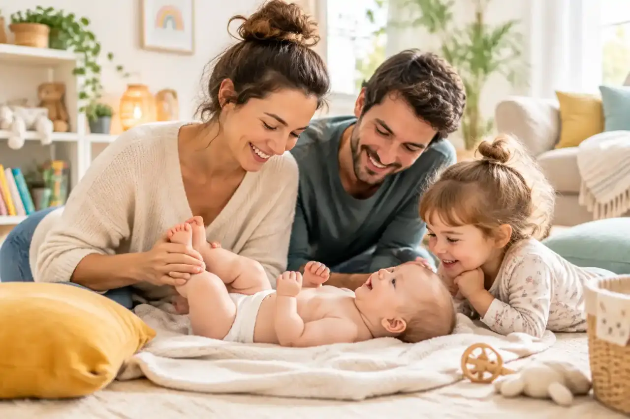 Famille heureuse partageant un moment de complicité dans un salon chaleureux