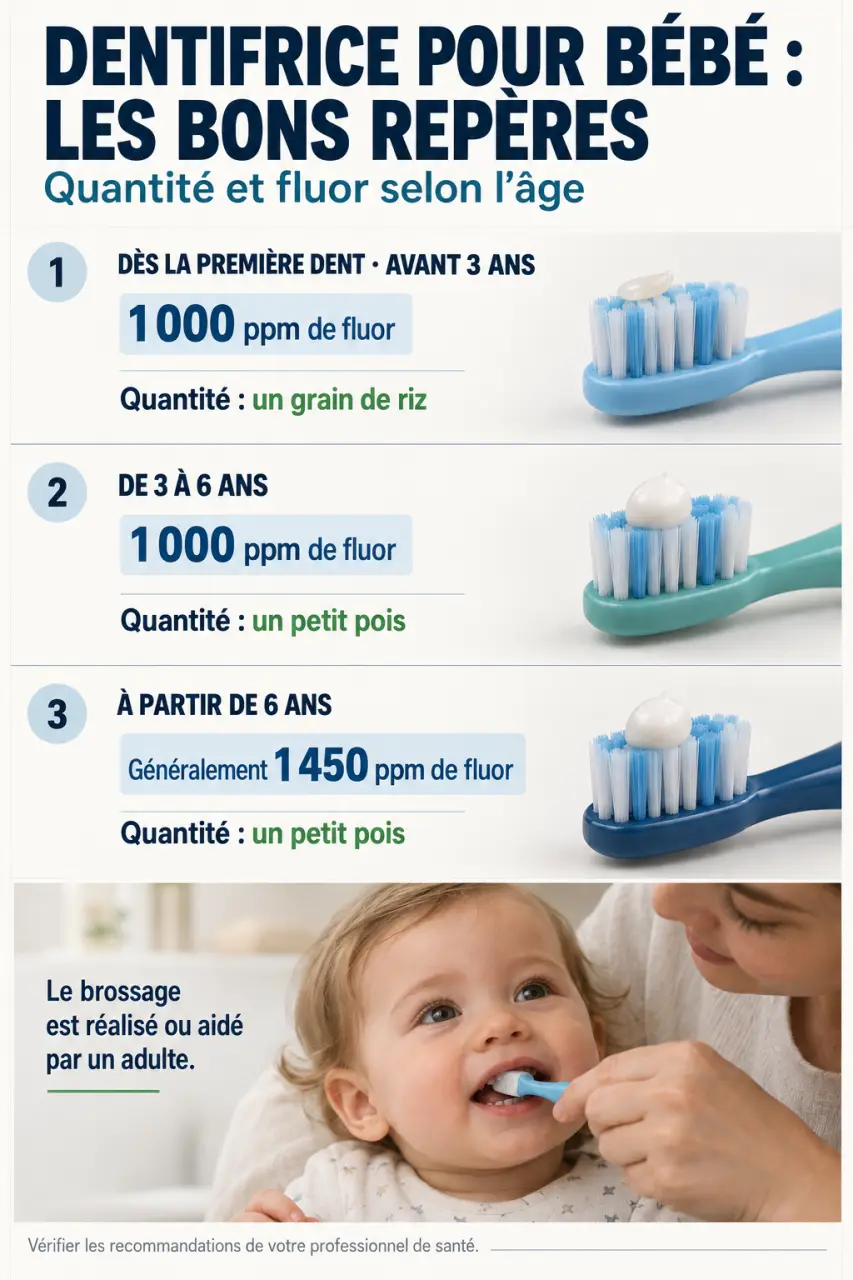 Infographie sur le dentifrice pour bebe, le fluor et les quantités selon l’âge