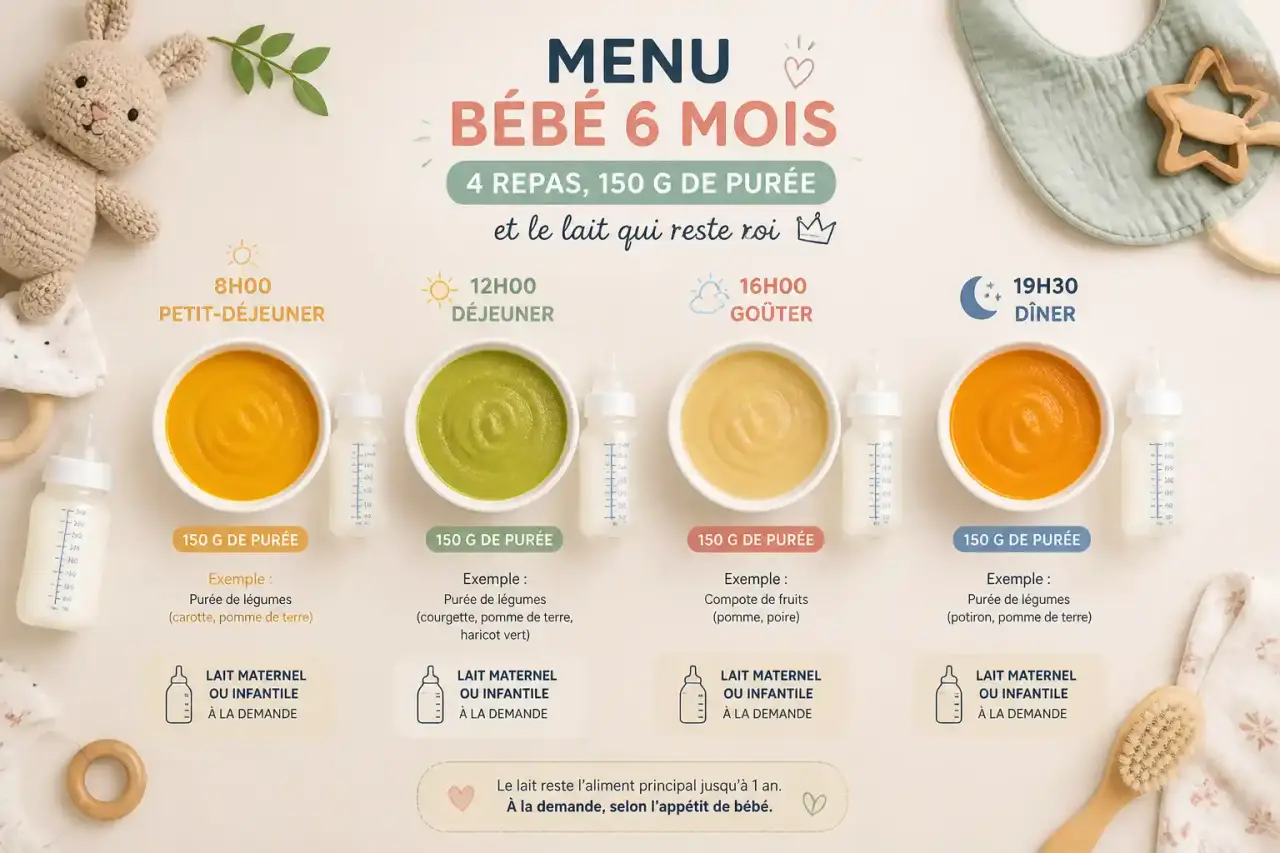 Menu type bébé 6 mois : 4 repas, 150 g de purée et le lait qui reste roi