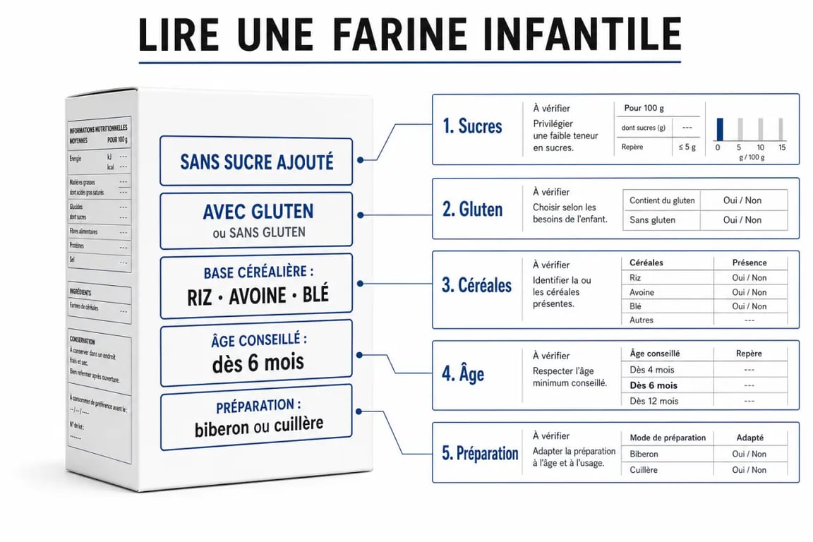 Farine infantile : critères de choix pour lire l’étiquette, sans sucre ajouté, avec ou sans gluten et mode de préparation