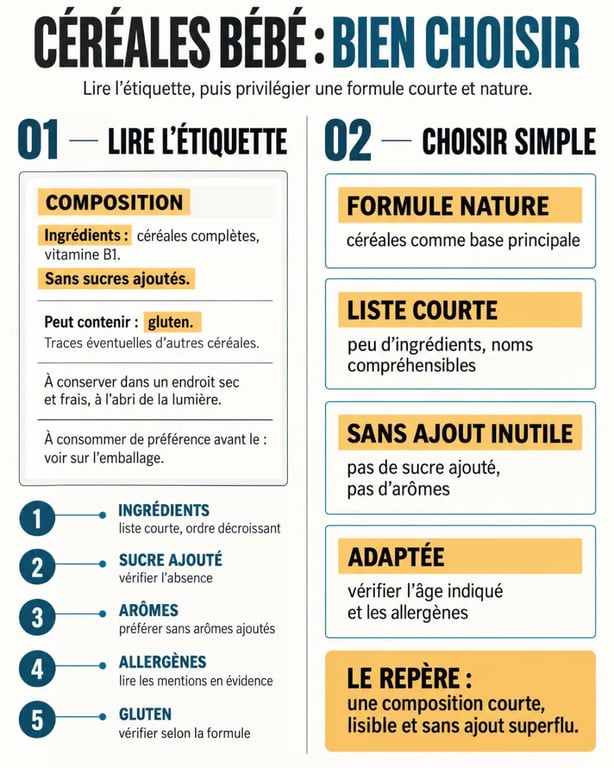 Infographie pour choisir des céréales bébé selon la composition et la lecture de l’étiquette