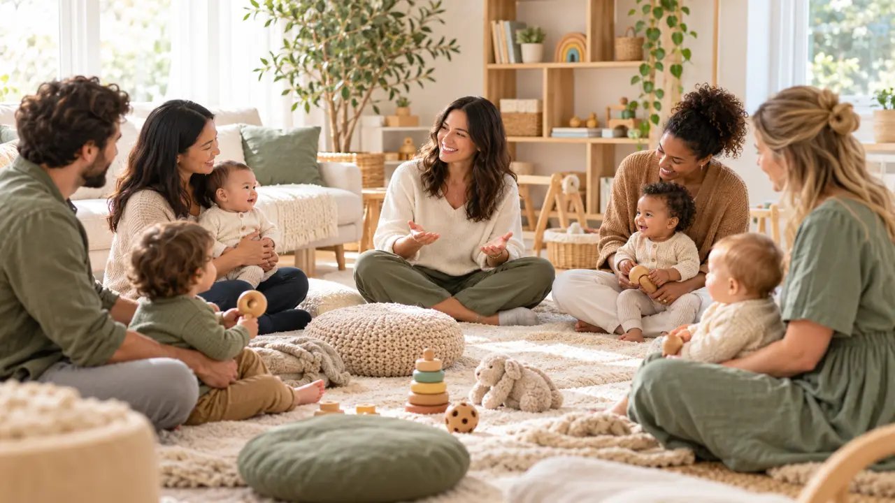 Parents échangeant dans un atelier de parentalité positive, dans une ambiance chaleureuse