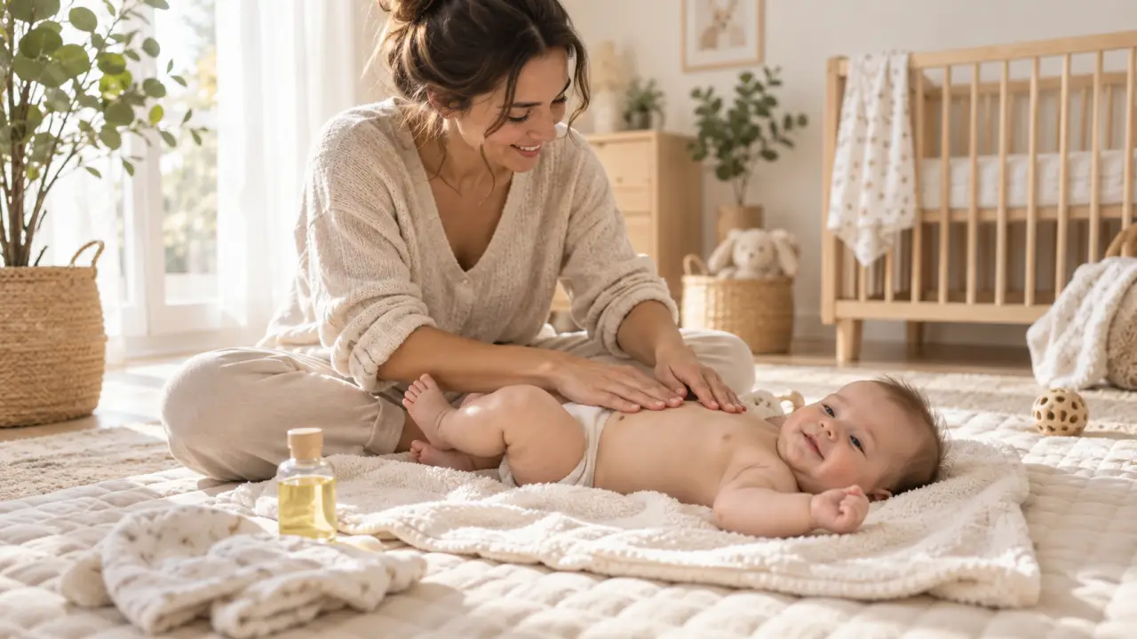 Parent massant doucement les jambes de son bébé dans une ambiance chaleureuse