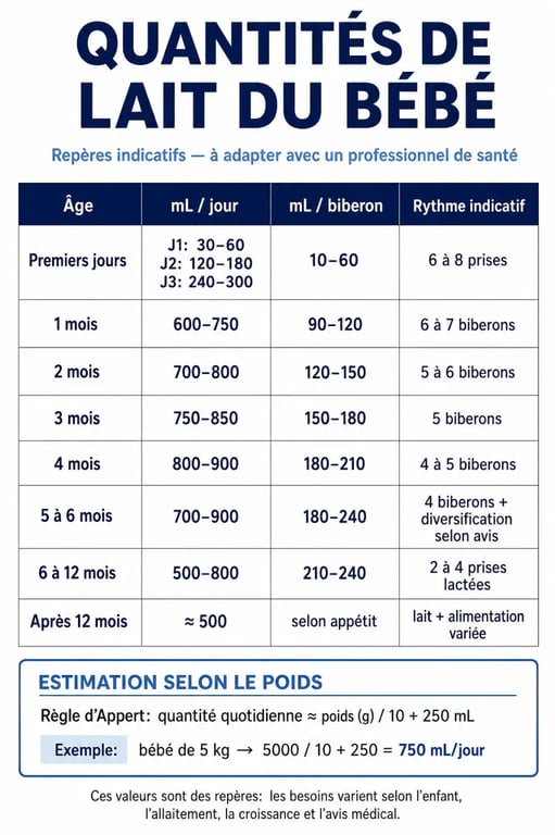 quantite lait bebe par age : infographie des repères en mL selon l’âge et le poids