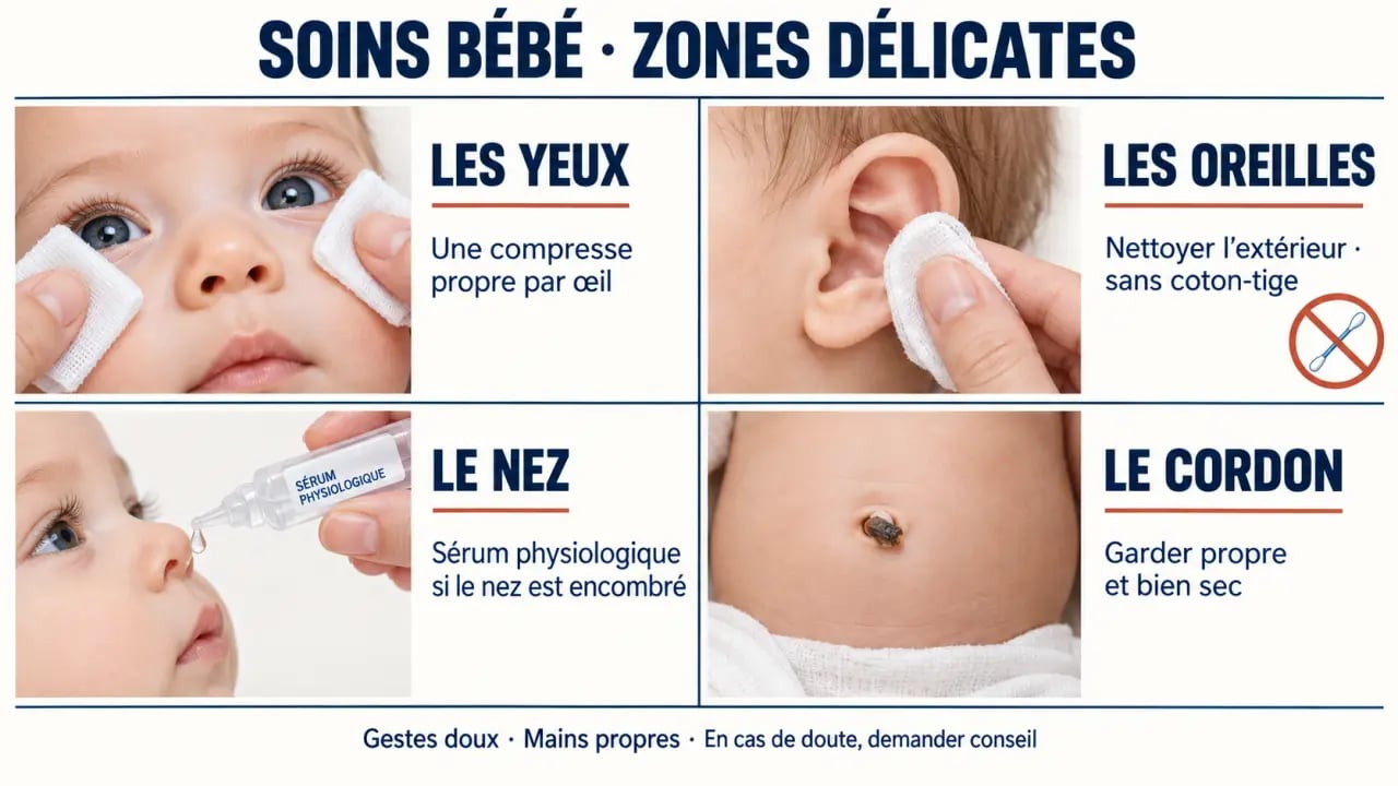 Soin bébé : gestes pour les yeux, le nez, les oreilles et le cordon ombilical