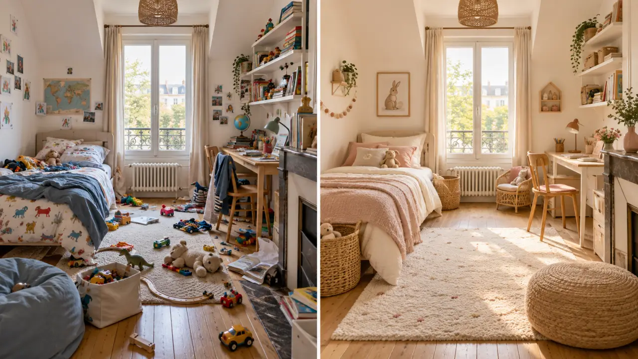 Chambre d’enfant douce et bien rangée, aménagée sans travaux