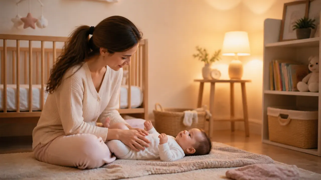 Famille heureuse et apaisée dans un salon cocon, avec bébé entouré de coussins doux