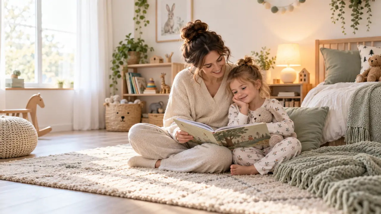 Famille réunie dans un salon chaleureux pour un rituel du soir apaisant