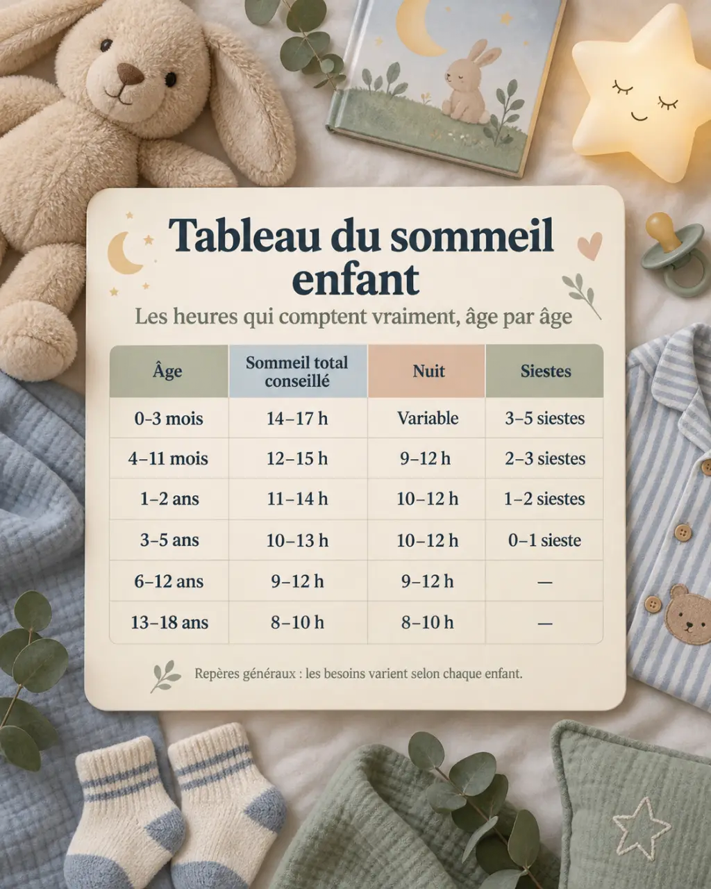 Tableau du sommeil enfant : les heures qui comptent vraiment, âge par âge