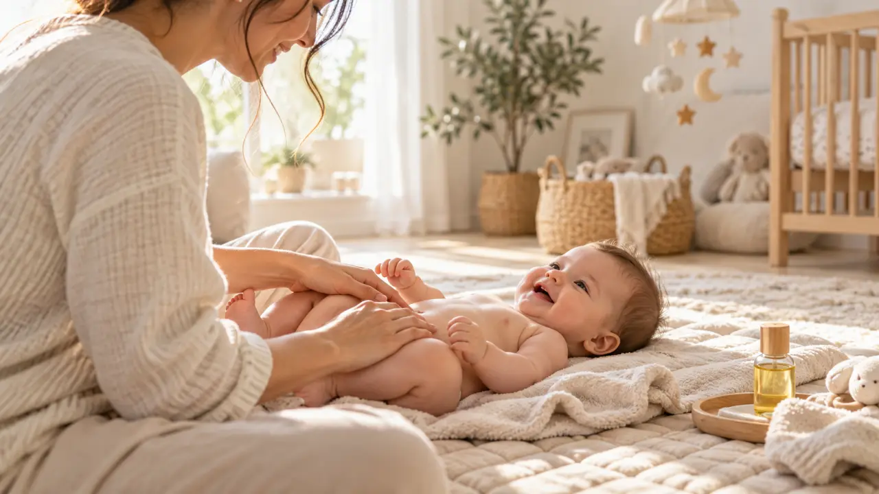 Parent réalisant un massage doux sur les jambes de son bébé dans une ambiance chaleureuse