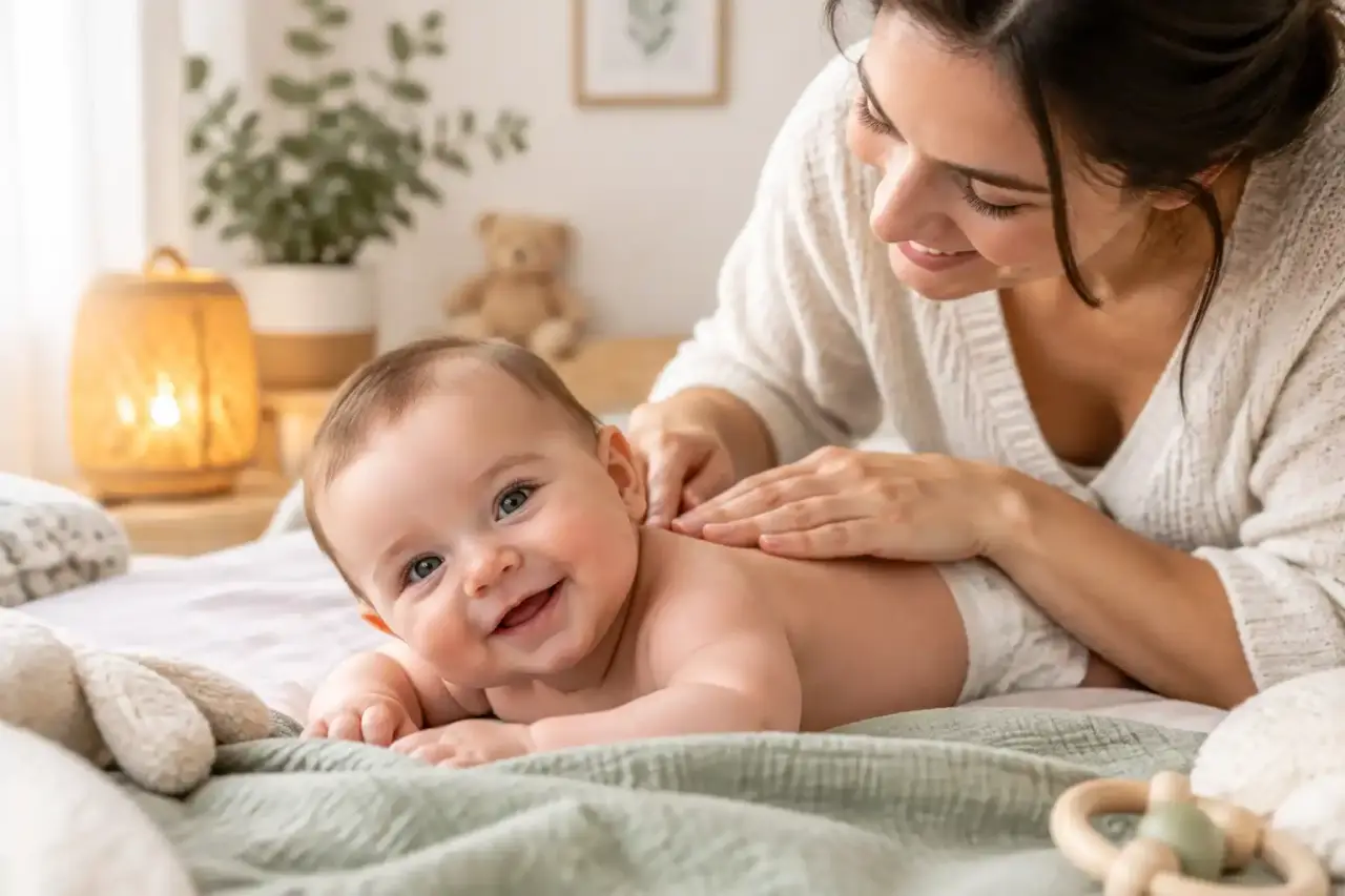 Parent massant doucement les jambes de son bébé dans une ambiance chaleureuse