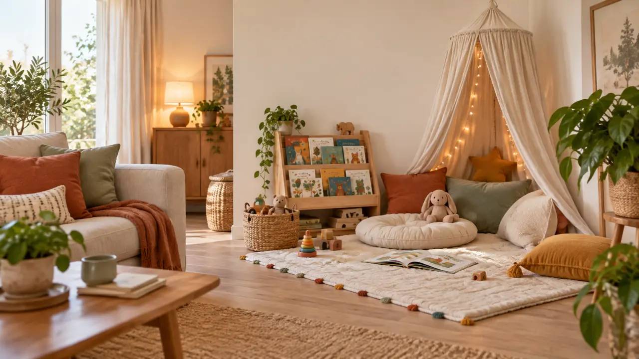 Coin lecture enfant chaleureux aménagé avec des coussins et des livres