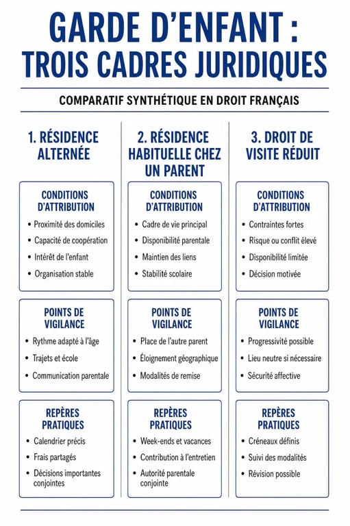 Type de garde enfant : comparaison entre résidence alternée, résidence habituelle et droit de visite réduit