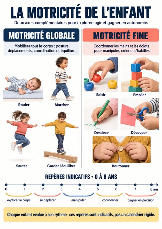 Infographie sur la motricité de l’enfant, motricité globale et motricité fine