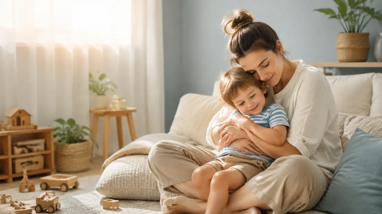 Famille enlacée dans un salon douillet, ambiance chaleureuse et rassurante