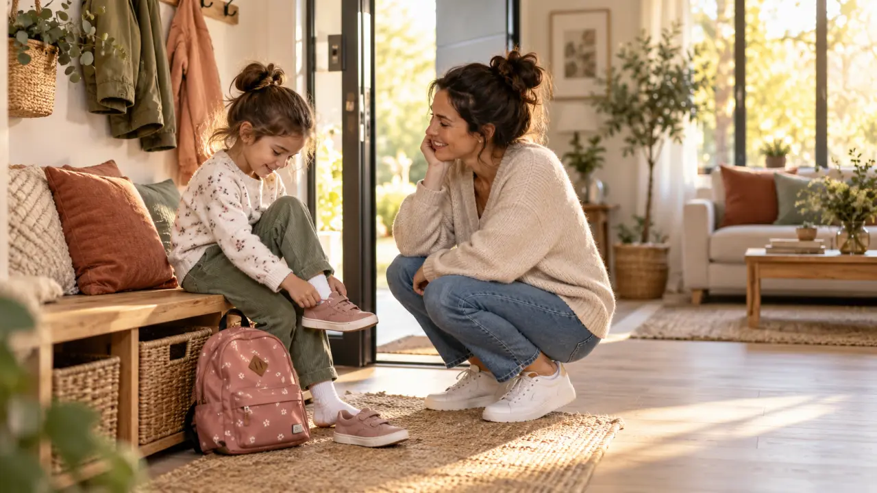 Parent et enfant partagent un moment calme après le retour de l’école