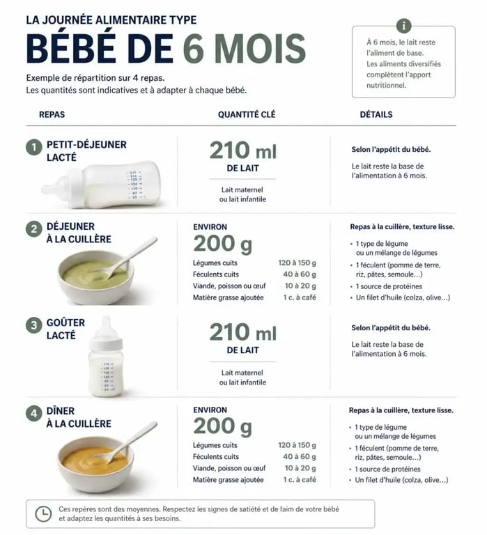 Menu type bébé 6 mois avec repères de quantités par repas