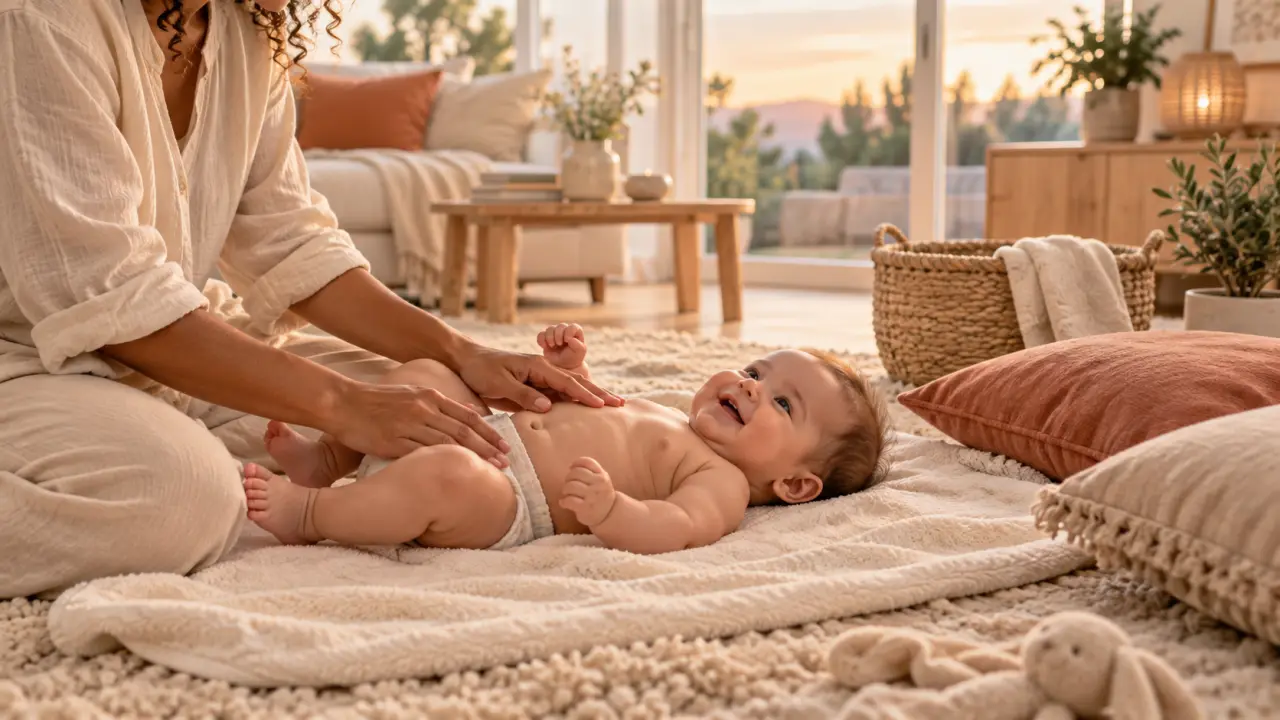 Parent partageant un moment de massage doux avec son bébé dans une atmosphère chaleureuse