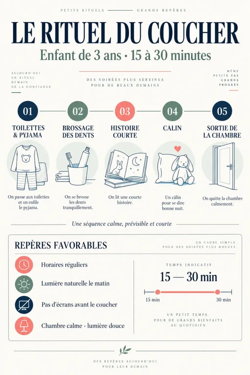 Infographie d’aide sommeil enfant 3 ans avec rituel du coucher de 15 à 30 minutes