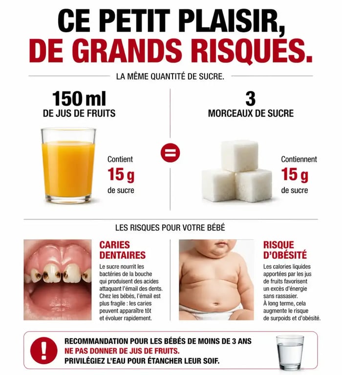Infographie sur les risques du jus de fruit pour bébé et la teneur en sucre
