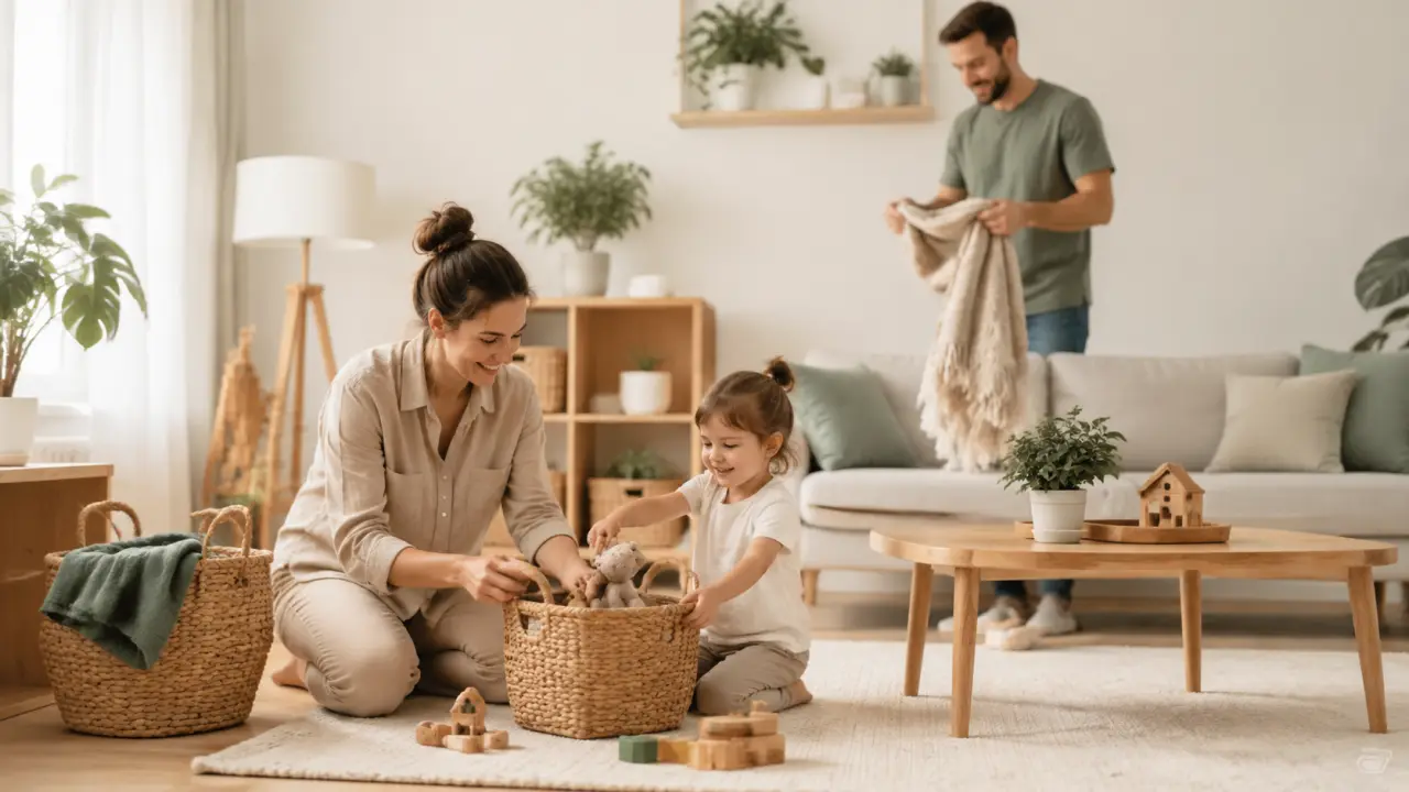 Famille heureuse dans un salon douillet, riant ensemble sur un tapis entouré de coussins